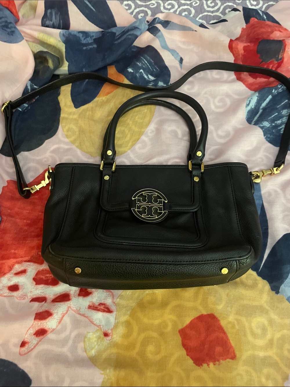 Tory Burch Black Leather Satchel with Gold Logo Hardware